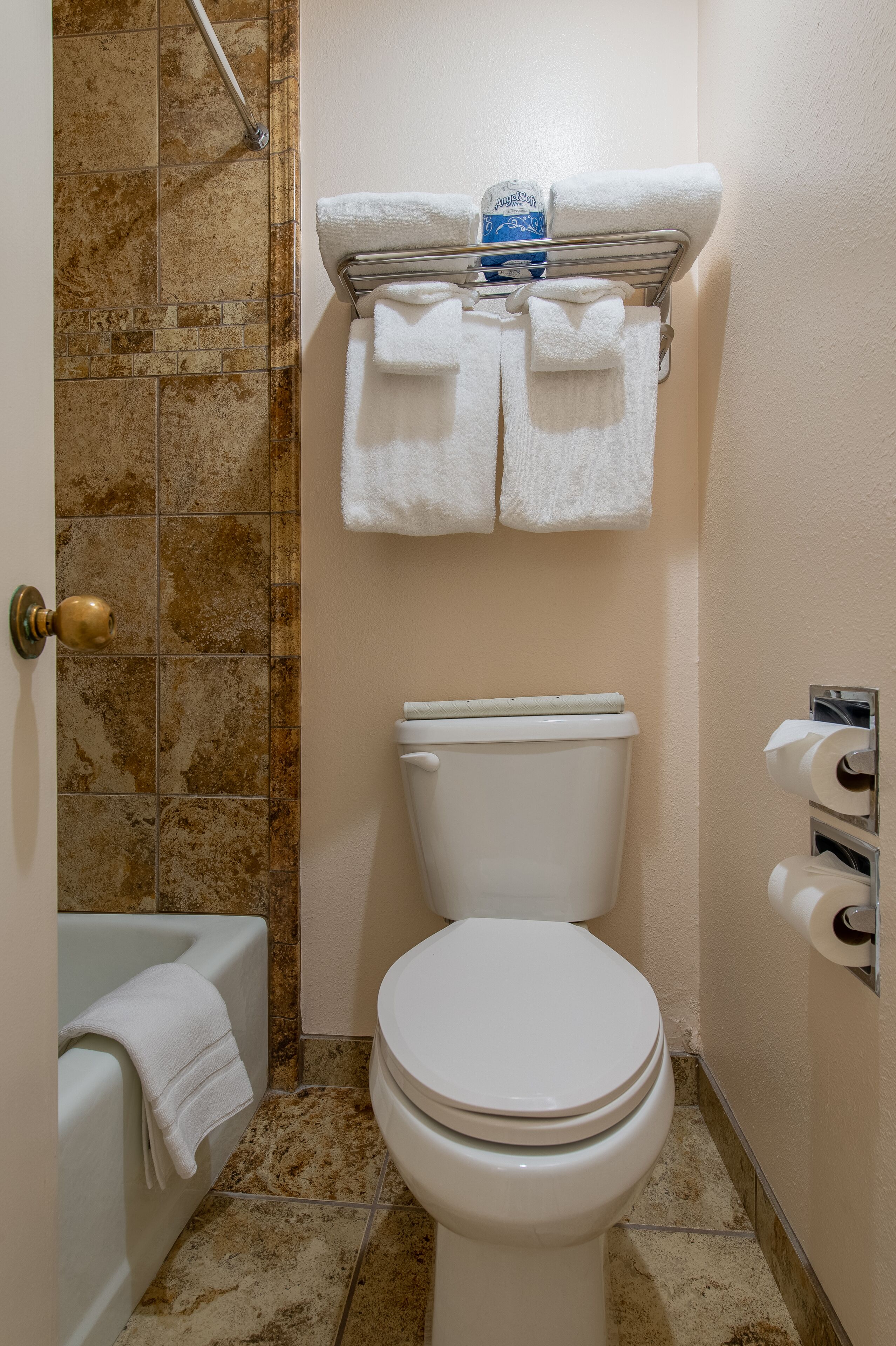 A bathroom with a toilet, a bathtub, and a shower.