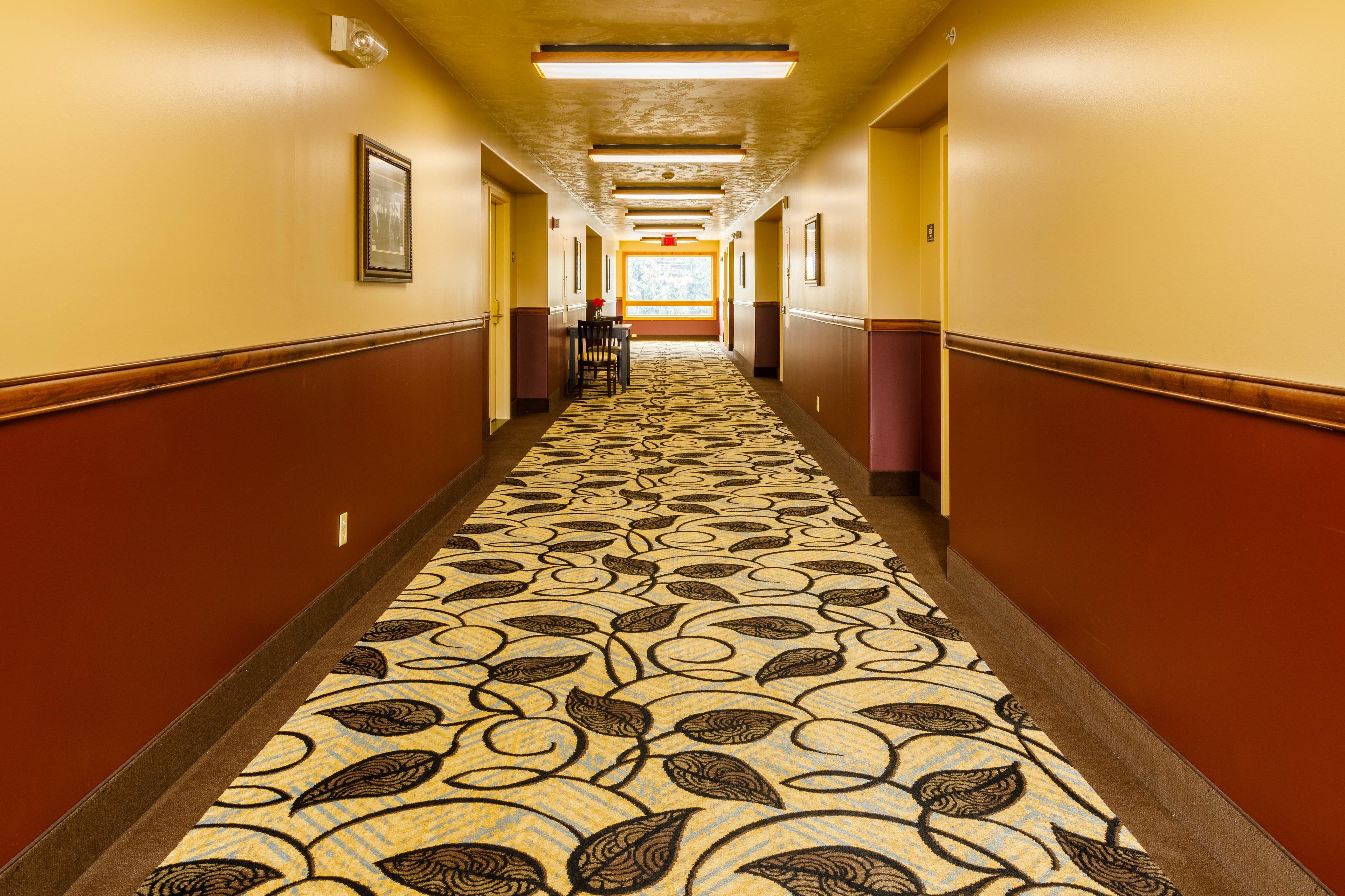 Un pasillo de hotel con alfombra estampada, paneles de madera y cuadros en las paredes.