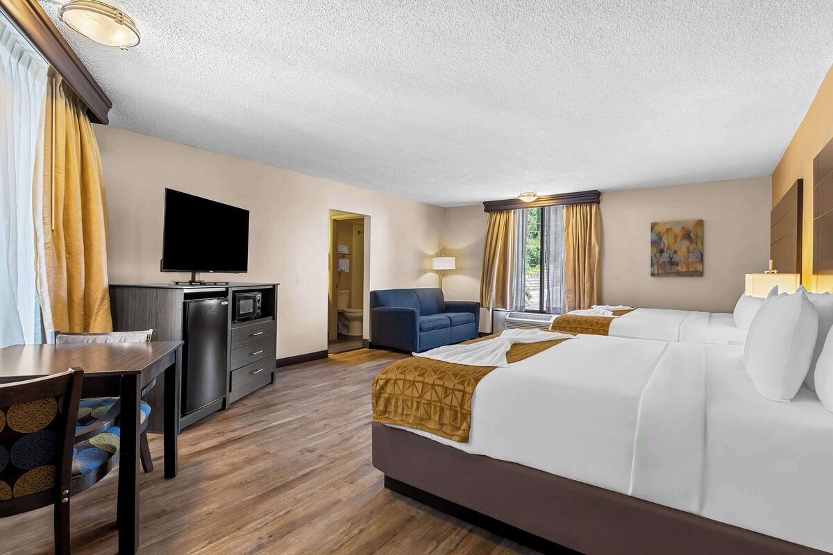 A hotel room with a bed, a desk, a TV, a sofa, and a window with curtains.