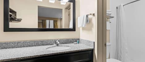 A bathroom with a granite countertop sink, a large mirror, and a white toilet.