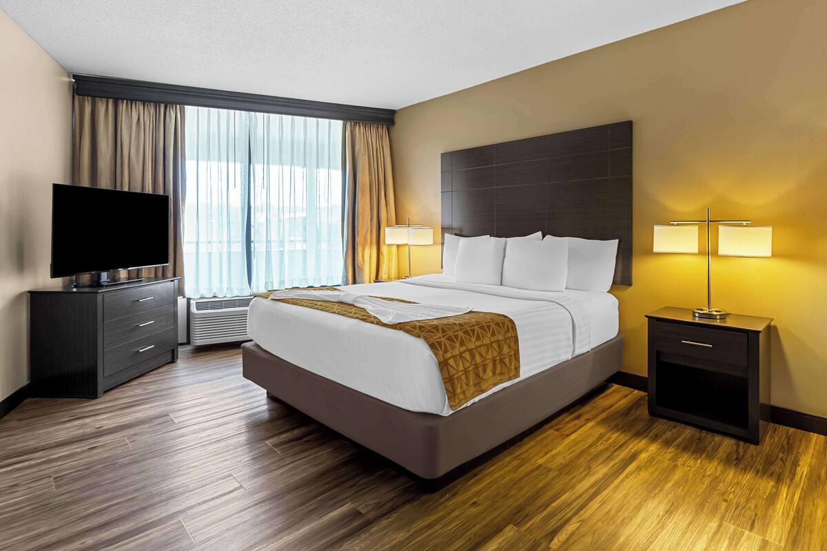 A hotel room with a large bed, a flat-screen TV, a bedside table with lamps, and a window with curtains.