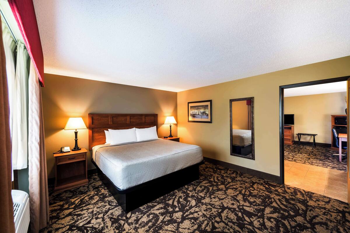 A hotel room with a large bed, two bedside lamps, a headboard, a framed picture on the wall, and a carpeted floor.