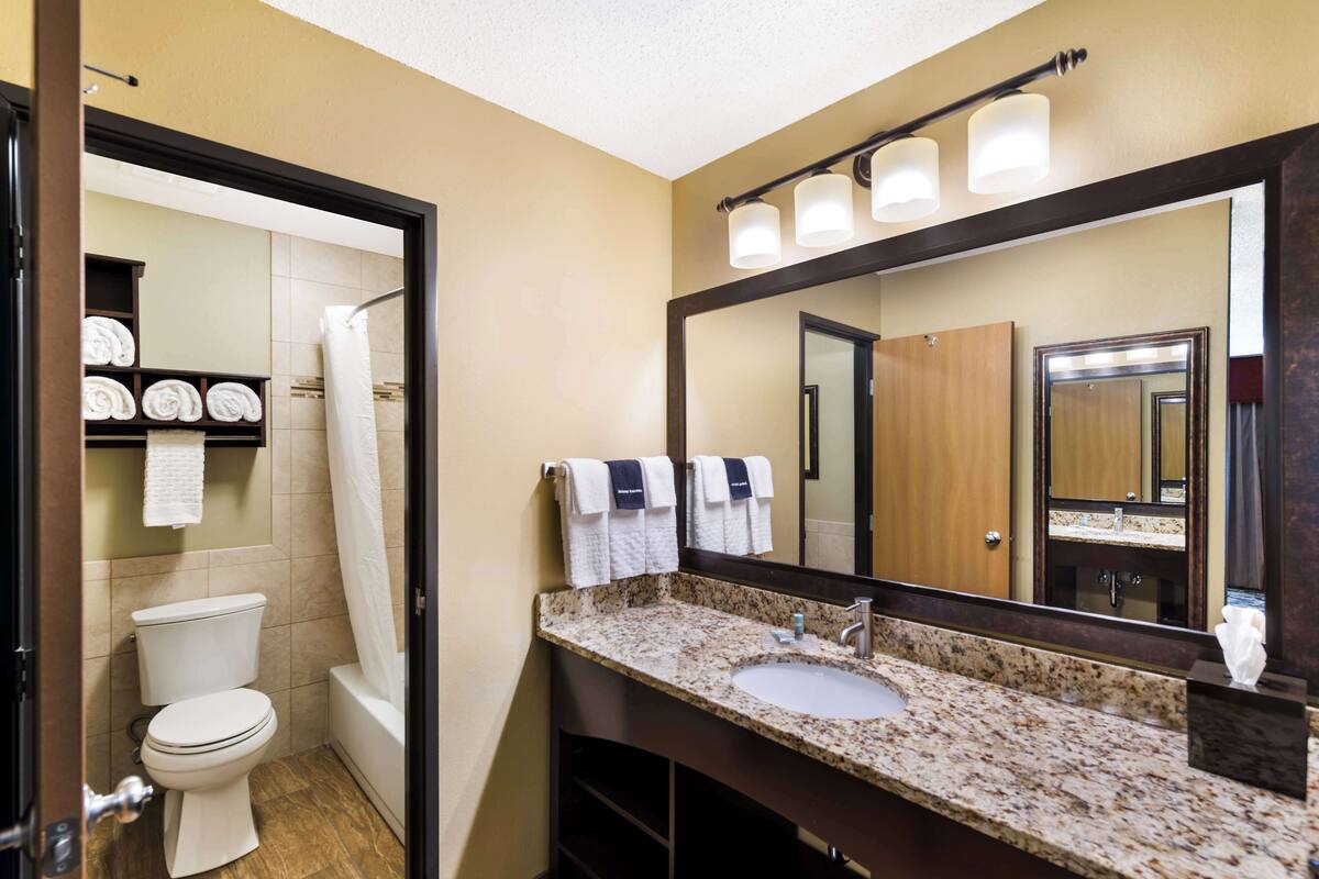 suite, 1 king bed, non smoking, refrigerator & microwave (with sofabed) | bathroom | combined shower/bathtub, free toiletries, hair dryer, towels