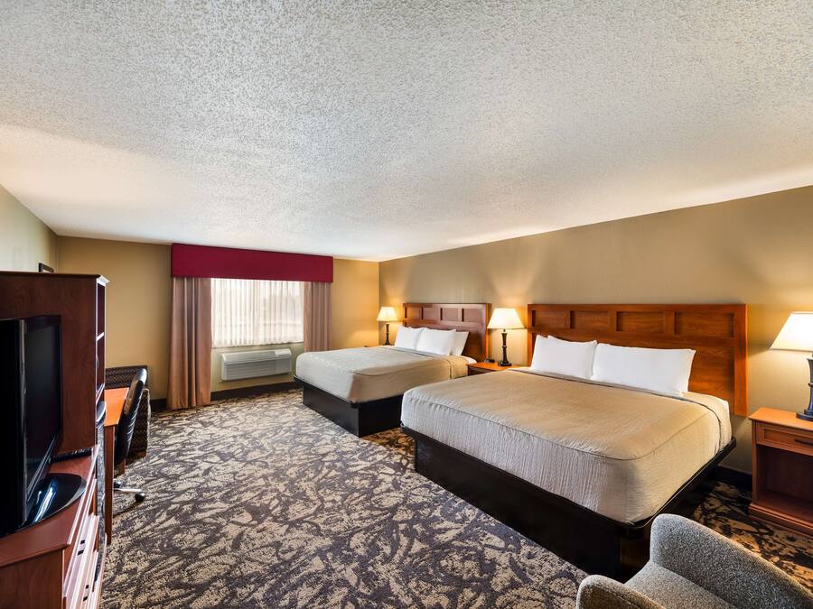 A hotel room with two beds, a TV, a desk, and a carpeted floor.