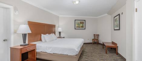 Habitación de hotel con cama, dos mesitas de noche con lámparas, una silla, una mesita pequeña y un cuadro en la pared.