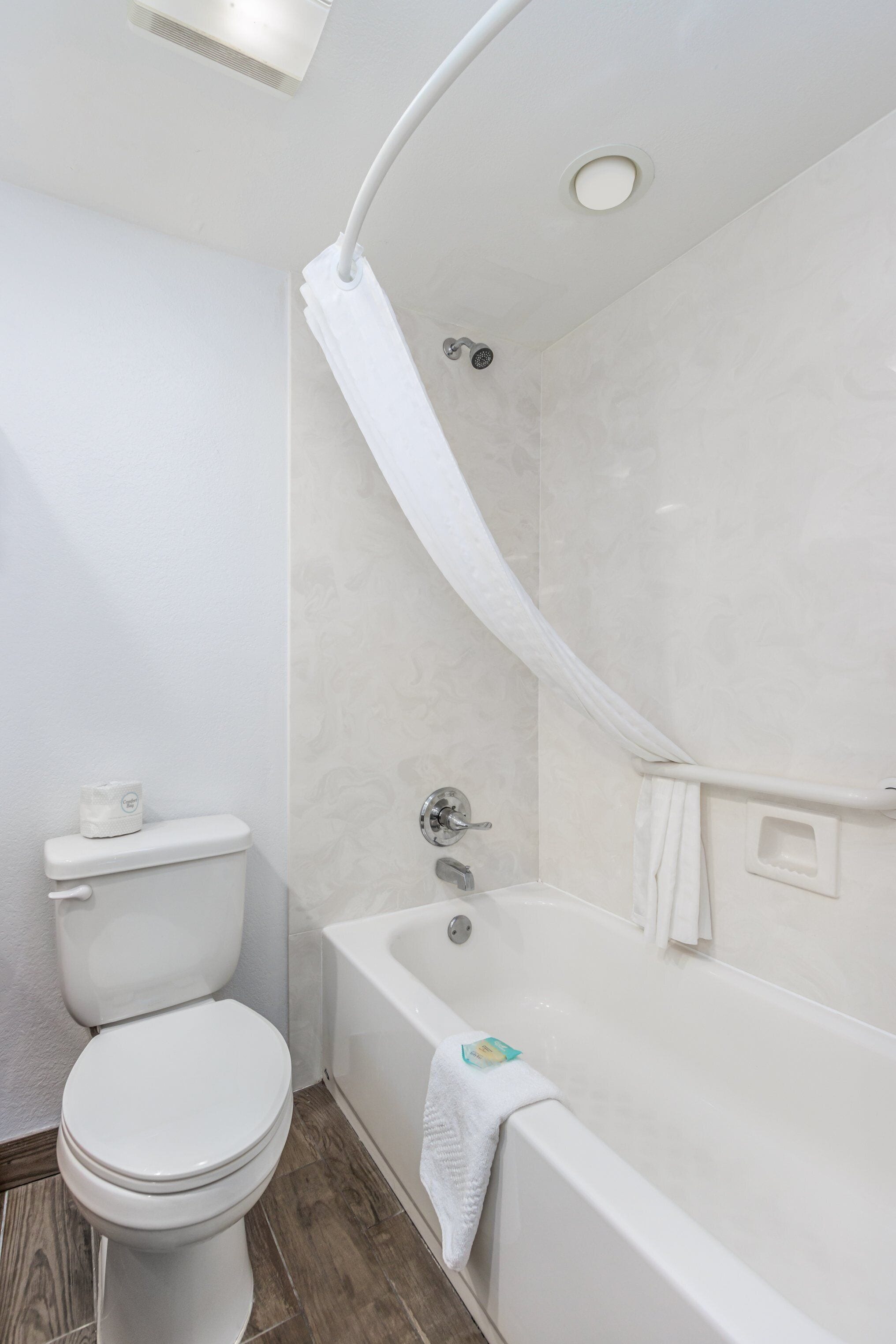 Een badkamer met toilet, bad en douchegordijn.