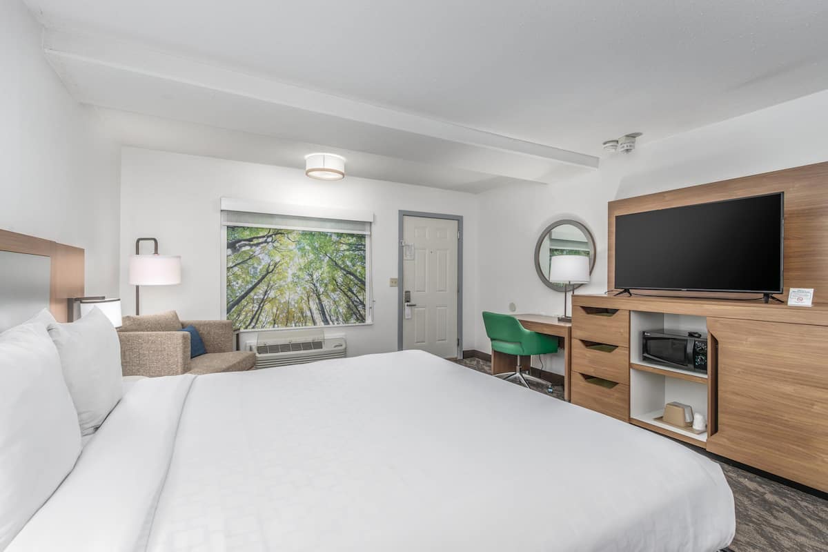 Ein Hotelzimmer mit einem großen Bett, einem Schreibtisch mit Stuhl, einem Fernseher, einer Mikrowelle und einem Fenster mit Blick auf Bäume.