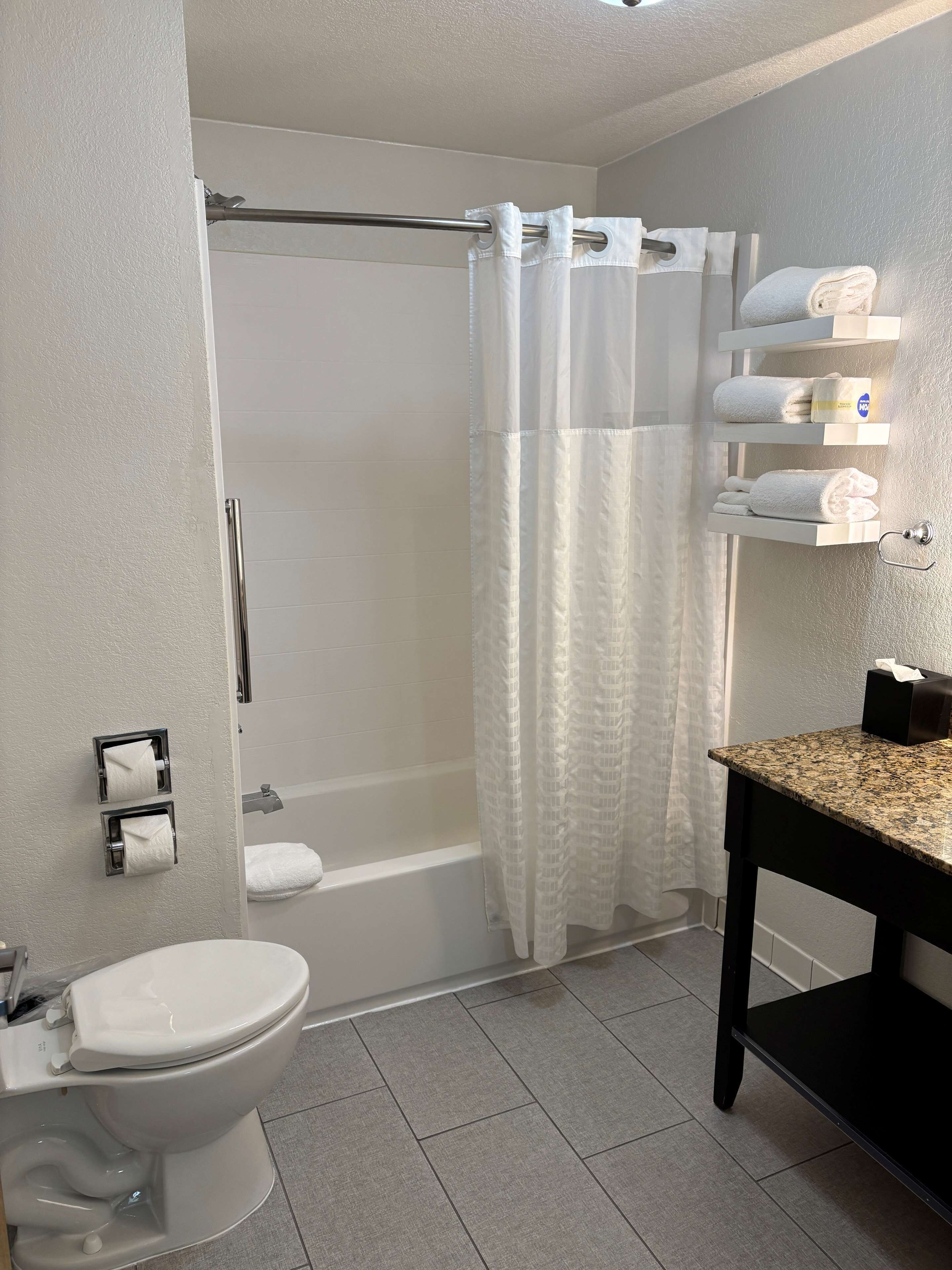 suite, 1 king bed, non smoking, refrigerator & microwave | bathroom | combined shower/bathtub, free toiletries, hair dryer, towels