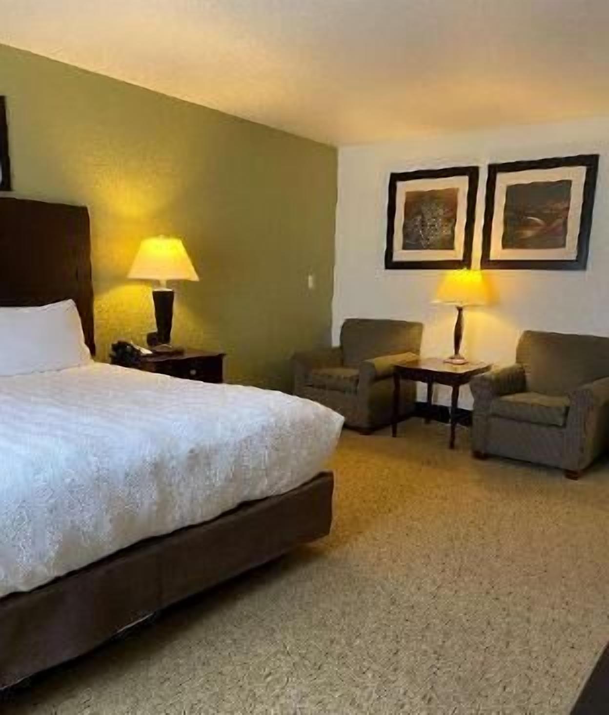 Premium bedding, desk, laptop workspace, blackout drapes