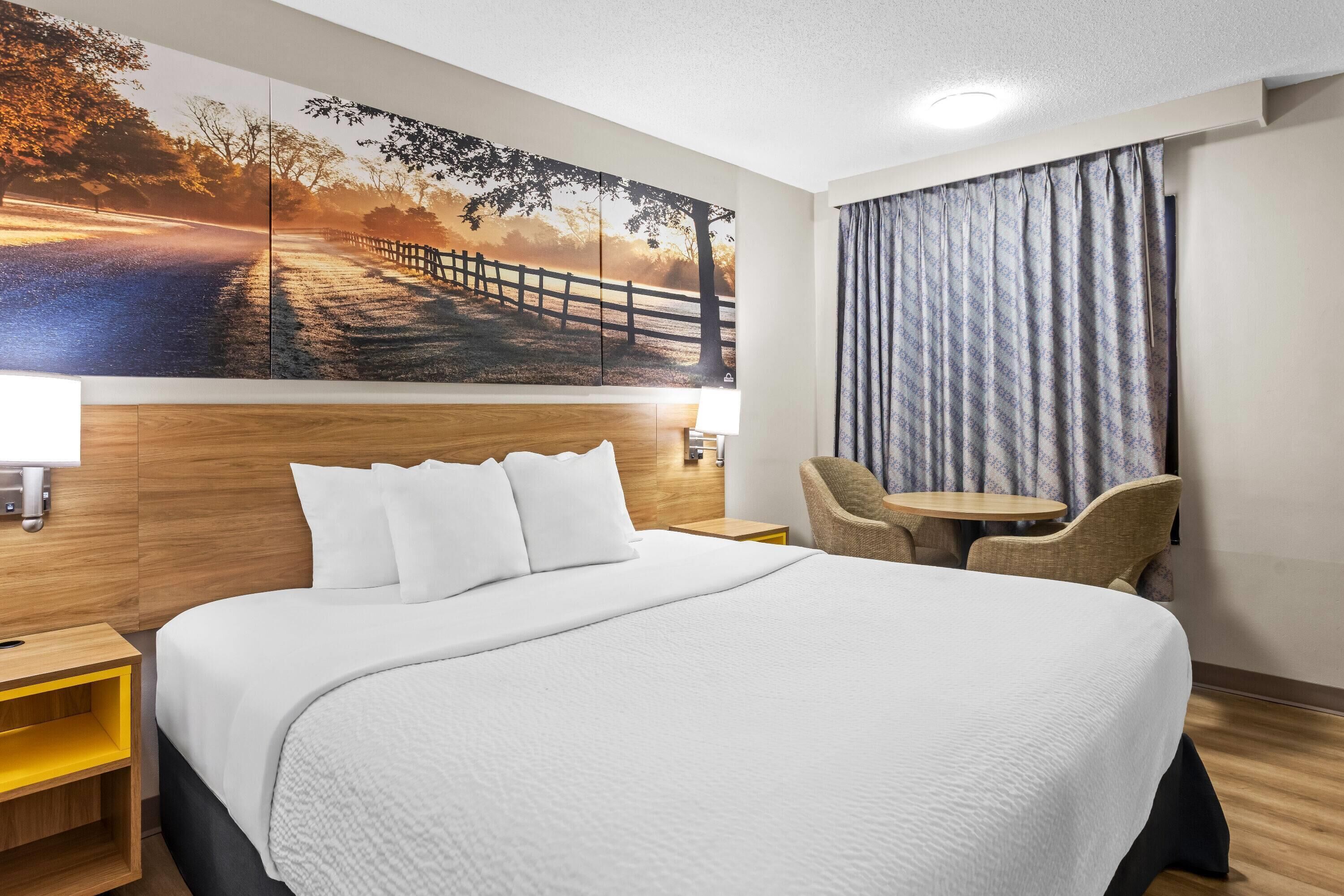 A hotel room with a large bed, a small table, two chairs, a nightstand, and a large wall mural.