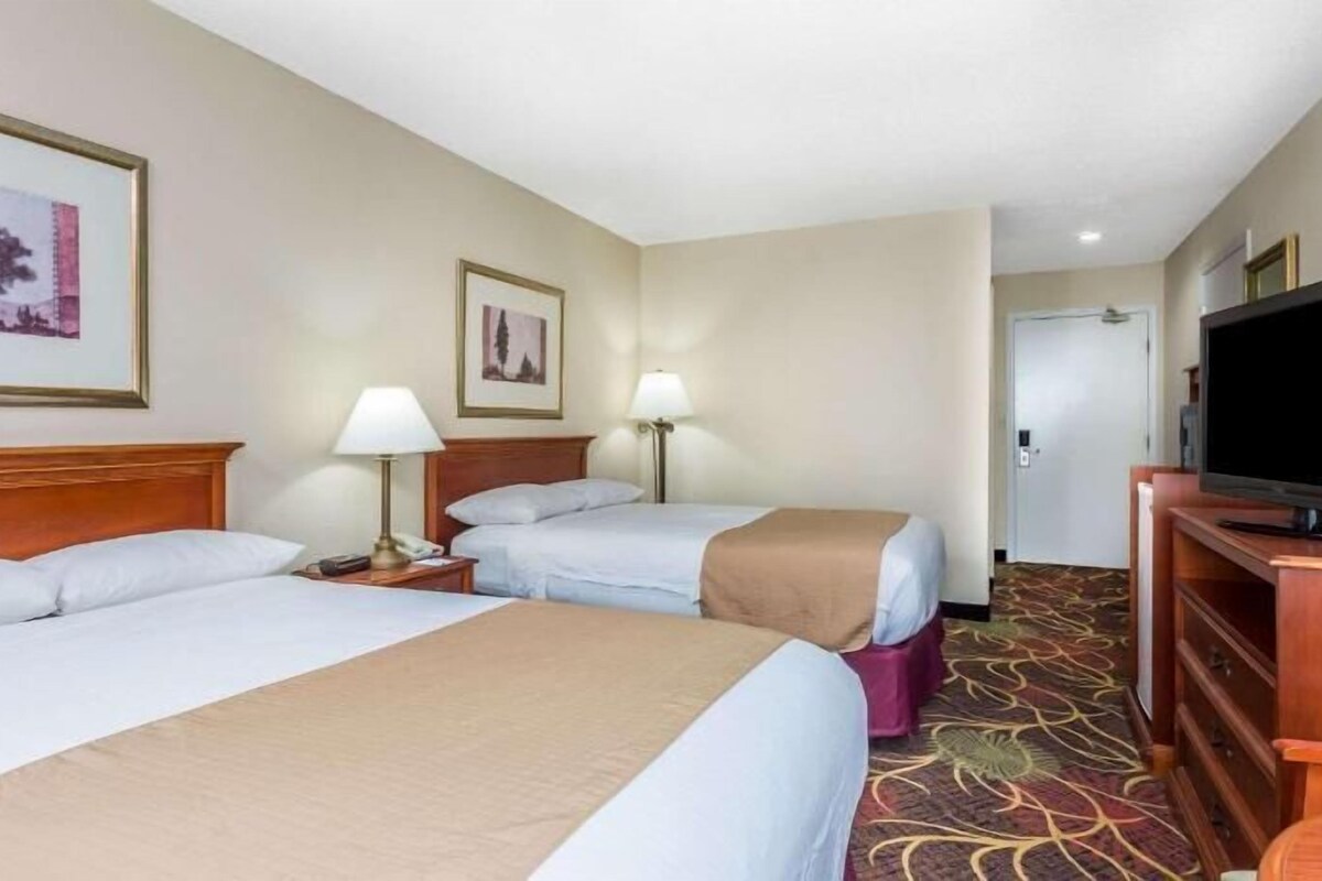 Een hotelkamer met twee bedden, een televisie en een deur.