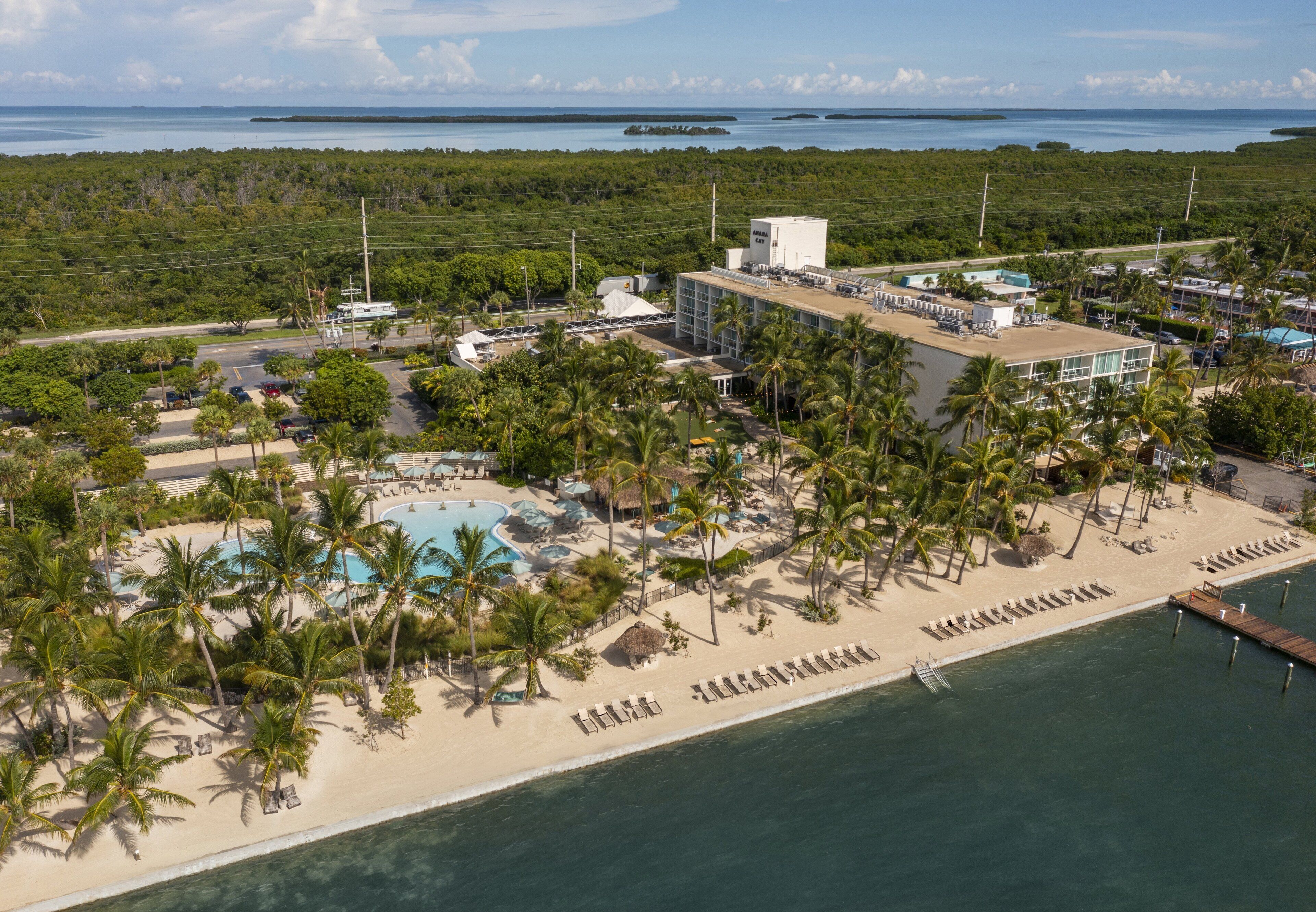 Vista aerea di un resort con spiaggia, piscina e palme.