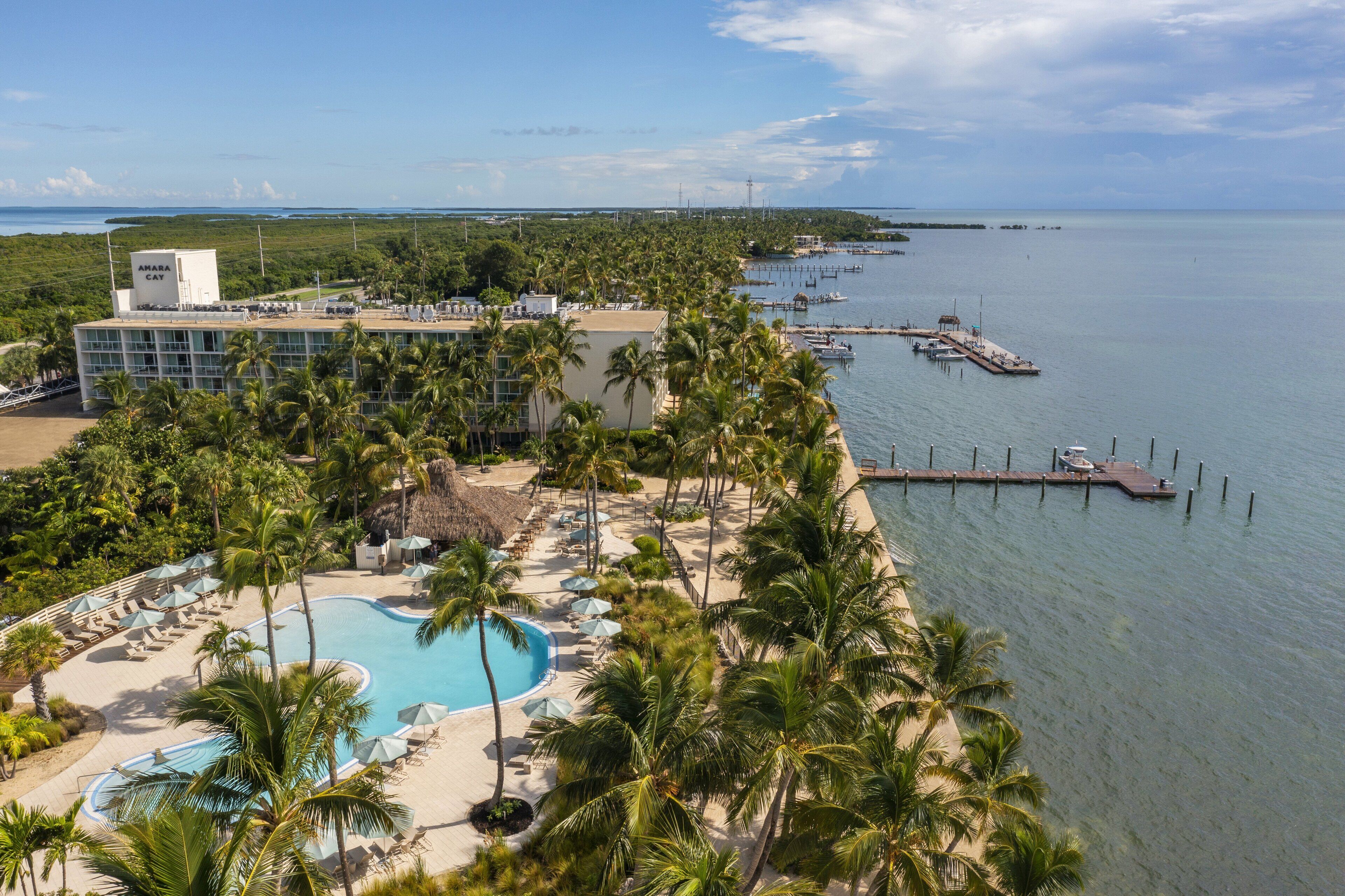 A resort with a swimming pool, palm trees, and a view of the ocean.