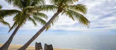 A beach with two palm trees and two wicker chairs facing the ocean.