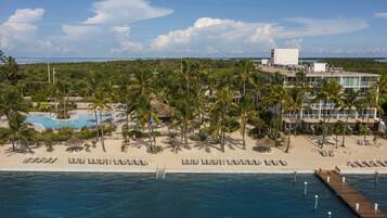Relax by the pool surrounded by palm trees and a sandy beach, with a dock extending into the ocean.