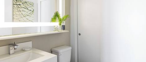A modern bathroom with a white sink, a toilet, and a mirror above the sink.