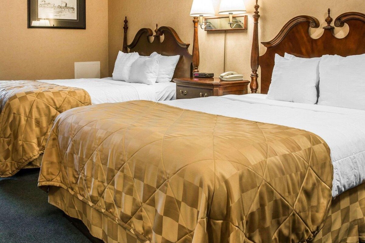 A hotel room with two beds, each with a wooden headboard, white bedding, and a checkered duvet cover. There is a nightstand with a lamp, a phone, and a framed picture on the wall.