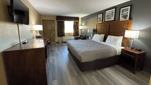 A hotel room with a bed, bedside tables, a desk, a chair, a TV, and framed pictures on the wall.
