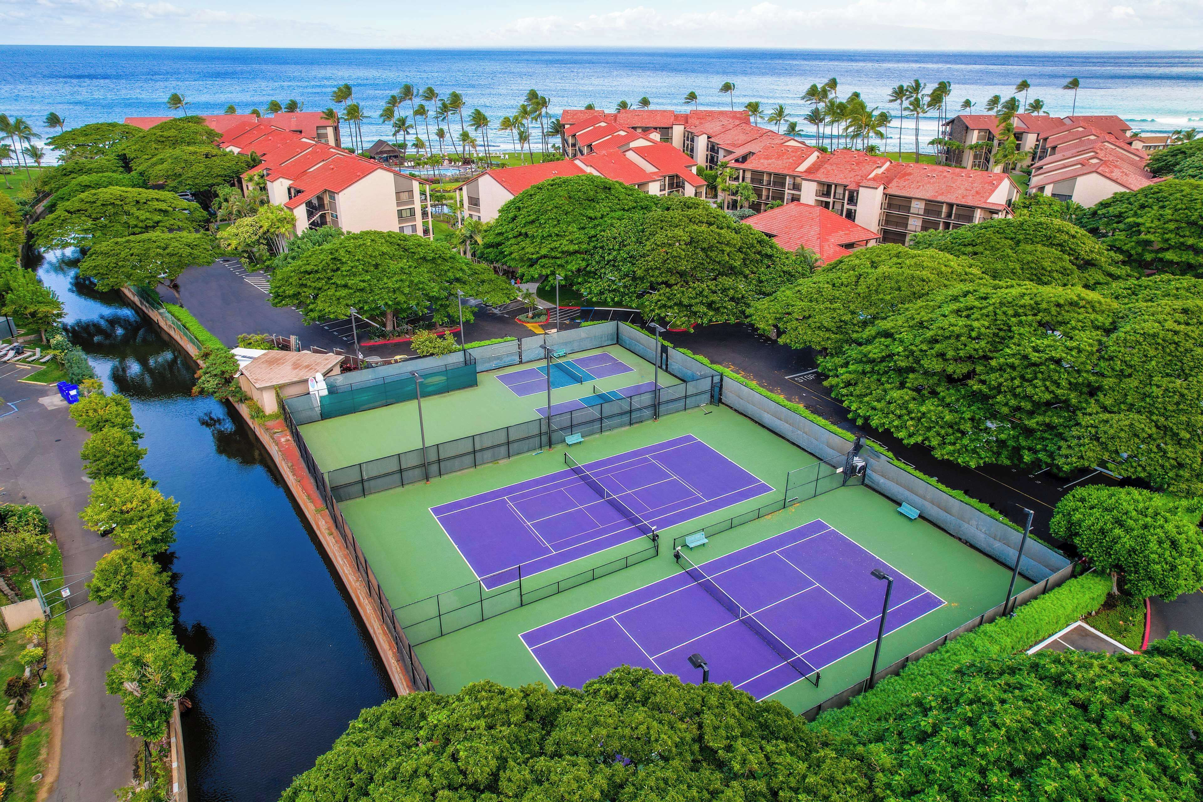 Vista aérea de una cancha de tenis rodeada de exuberante vegetación y una masa de agua, con un edificio de resort al fondo.