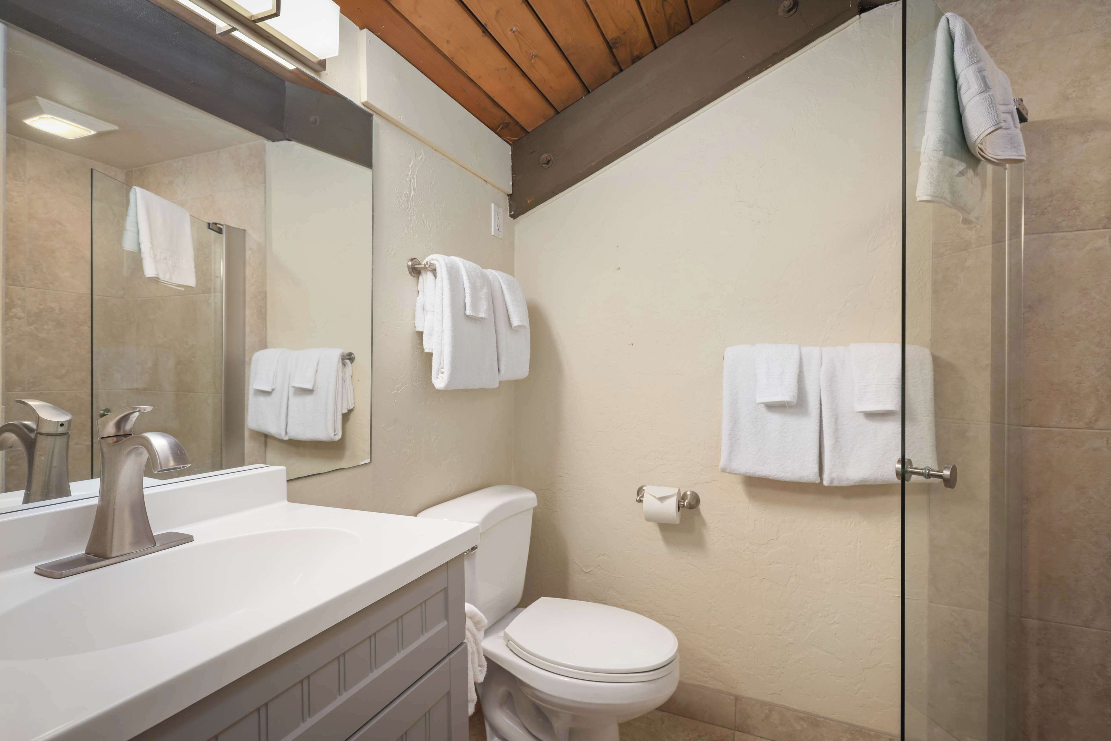 A bathroom with a white sink, a toilet, and a glass shower enclosure.