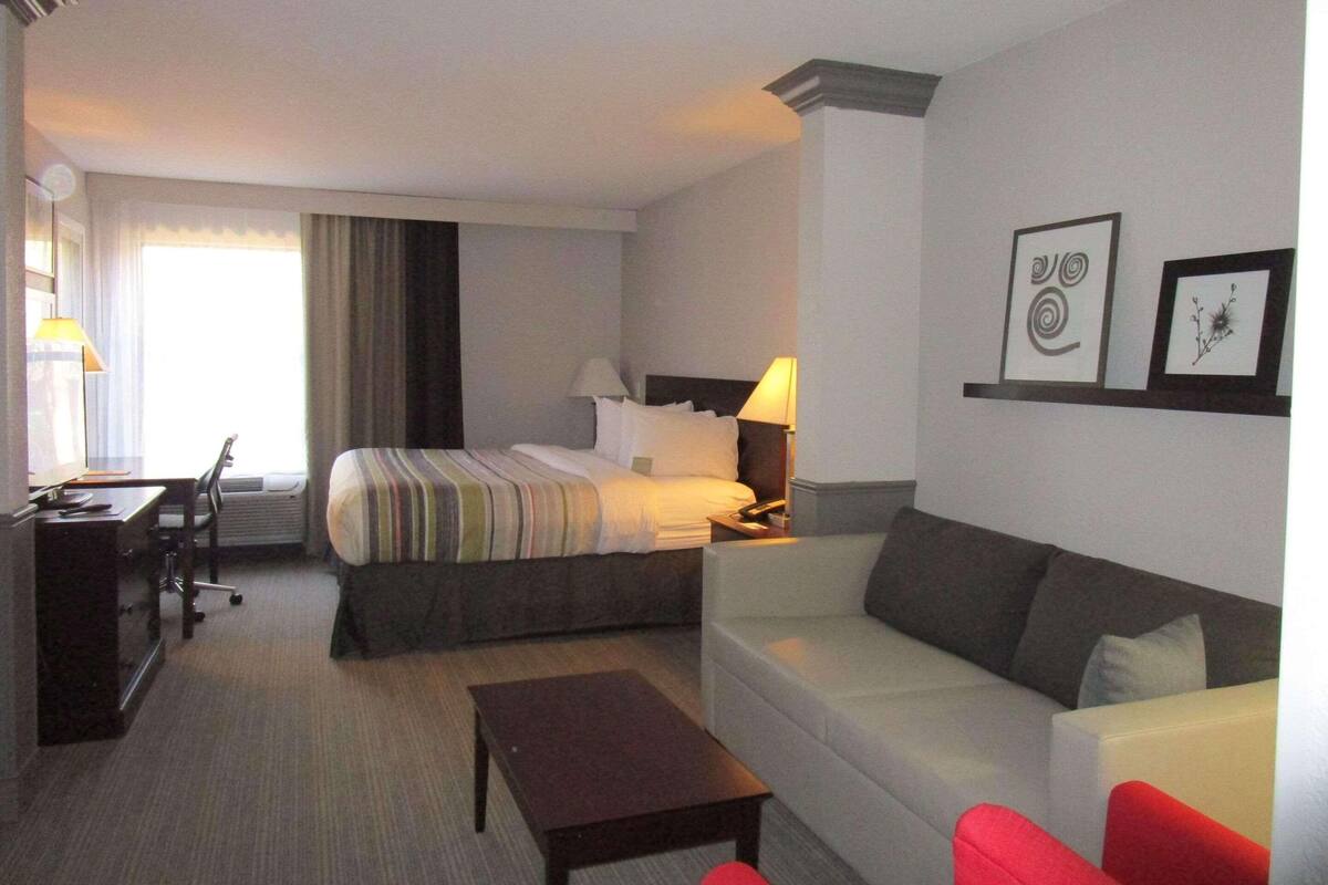 A hotel room with a bed, a desk, a chair, a sofa, and a coffee table.
