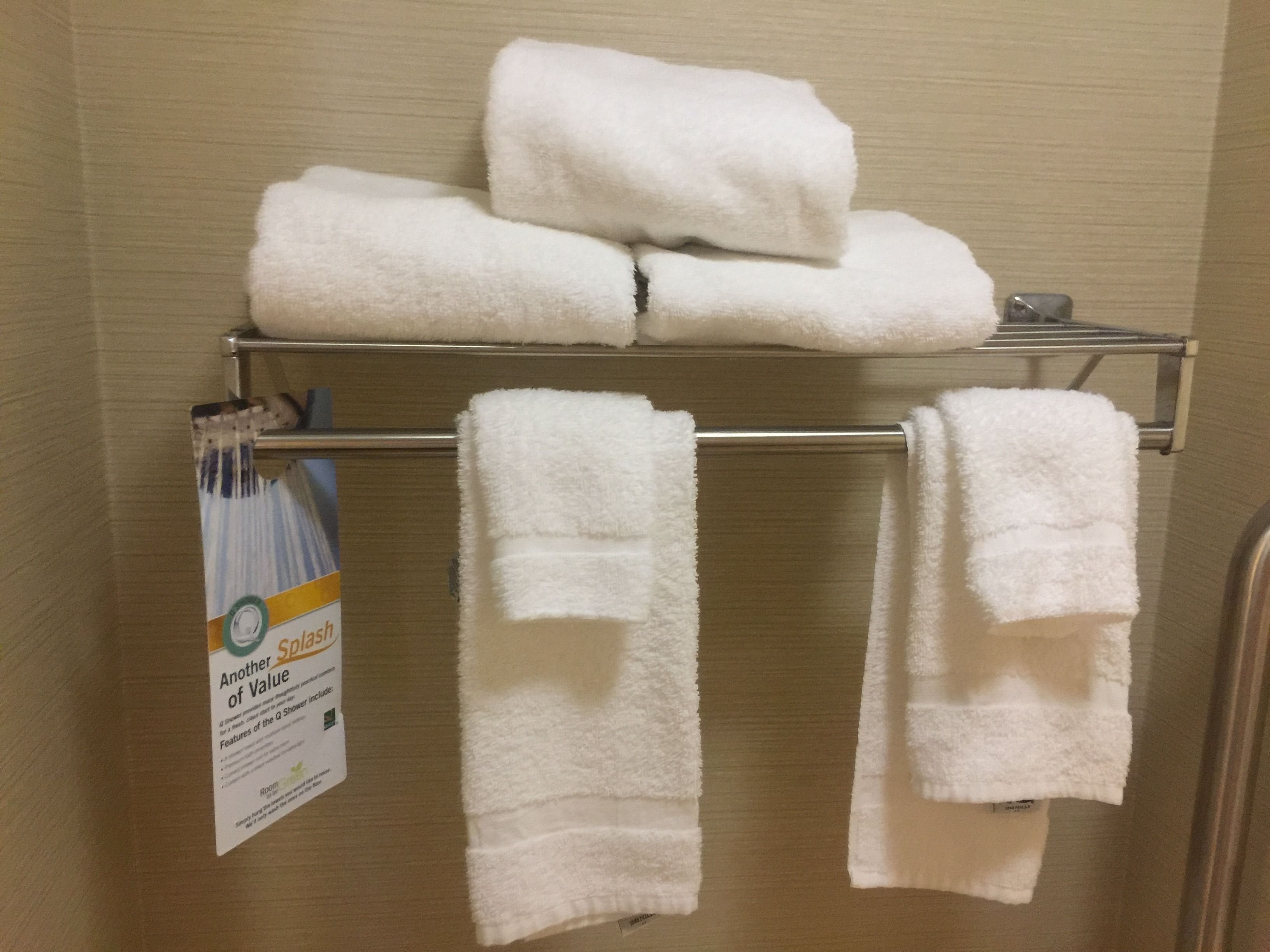 combined shower/bathtub, free toiletries, hair dryer, towels