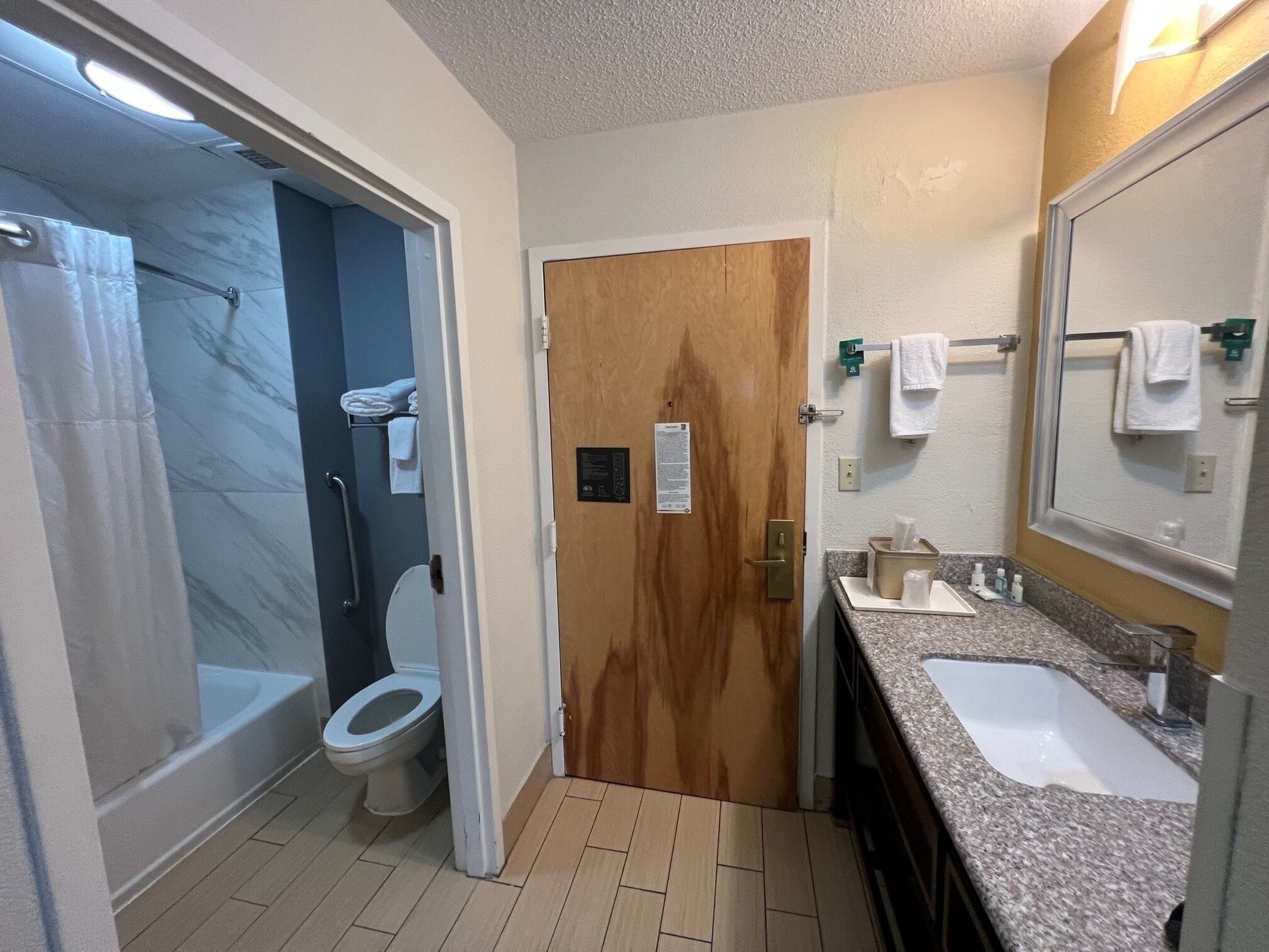 combined shower/bathtub, free toiletries, hair dryer, towels