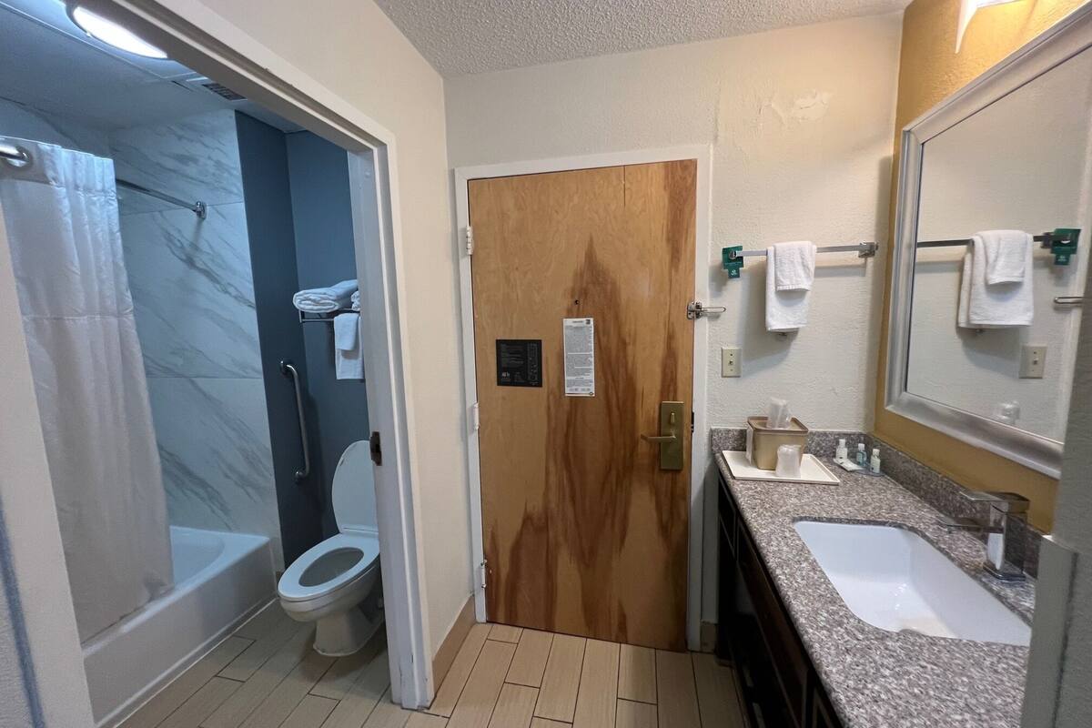 combined shower/bathtub, free toiletries, hair dryer, towels
