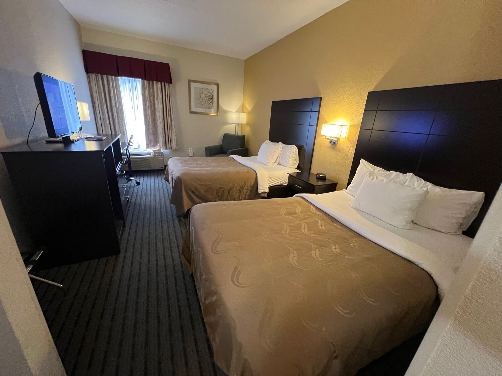 standard double room, 2 double beds, non smoking, refrigerator & microwave | premium bedding, desk, laptop workspace, blackout curtains