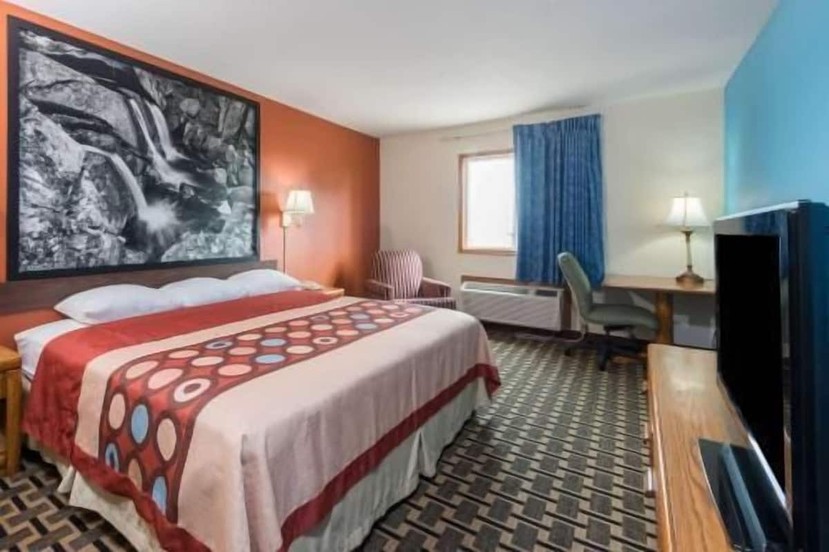 Una habitació d'hotel amb un llit, escriptori, cadira, televisió i un quadre gran a la paret.