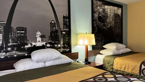 A hotel room with two beds, a cityscape mural, a lamp, and a patterned bedspread. - Super 8 by Wyndham Staunton (Staunton)