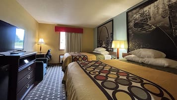 A hotel room with two beds, a desk, a chair, a TV, and a large window.
