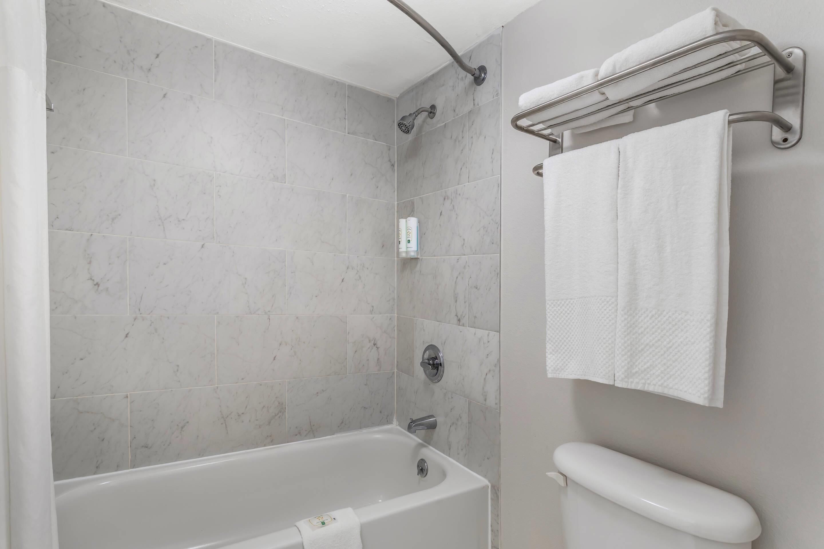 A modern bathroom with a bathtub, a shower, and a toilet.
