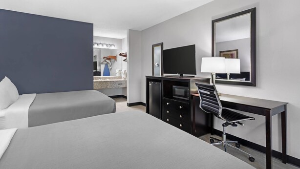 Une chambre d’hôtel comprenant un lit, un bureau avec une chaise, une télévision et un miroir.