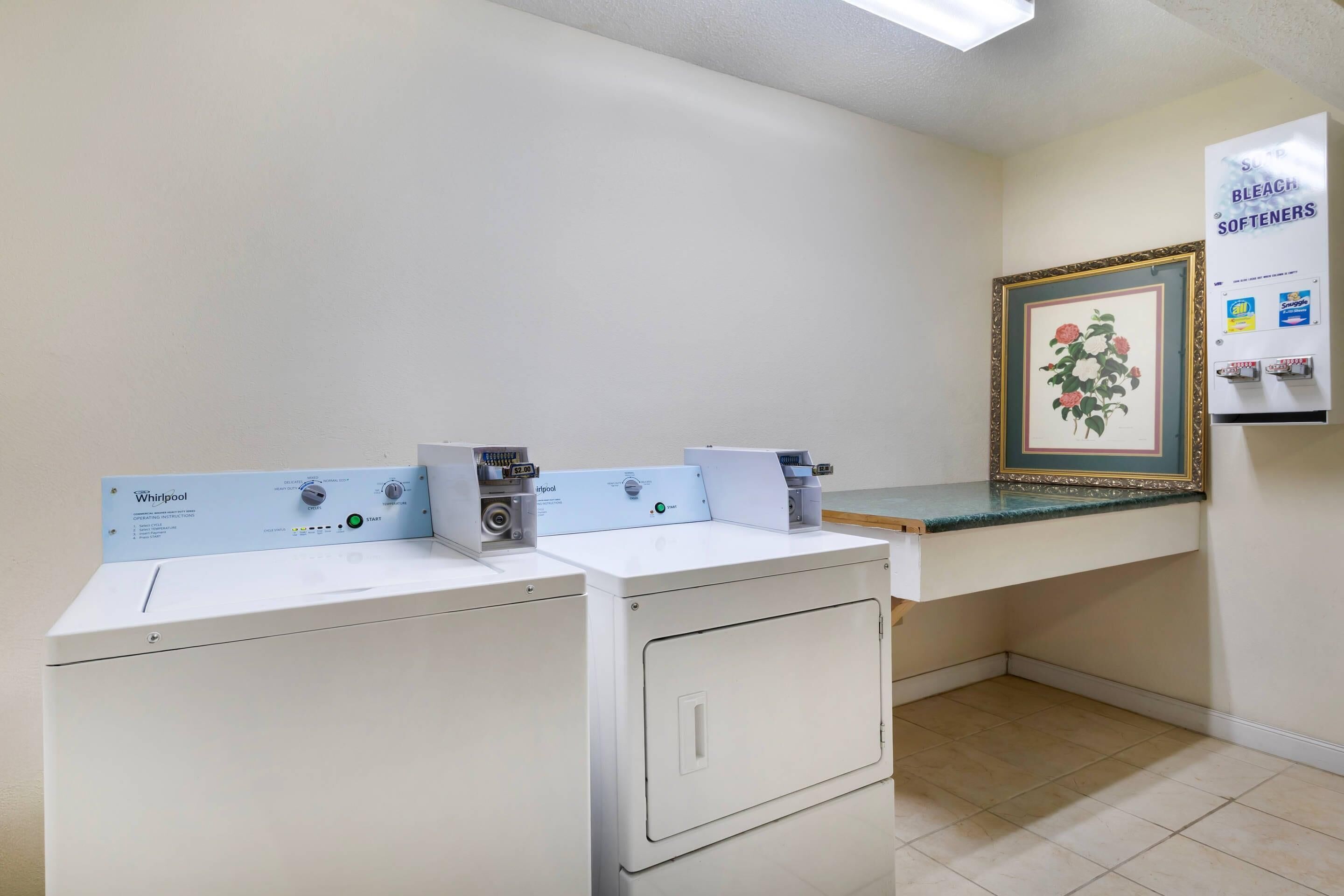 Un área de lavandería con dos lavadoras Whirlpool, una encimera, una obra de arte floral enmarco y un letrero en la pared para suavizantes de lejía.