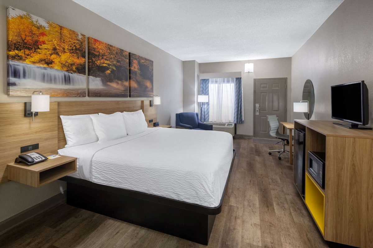 A hotel room with a large bed, a desk with a computer, a TV, and artwork on the wall.