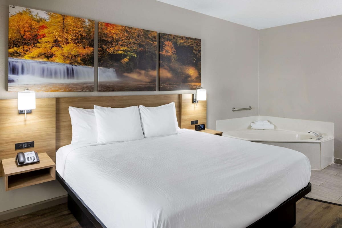 A hotel room with a large bed, a nightstand with a phone, a wall-mounted light, a painting of a waterfall, and a bathtub.