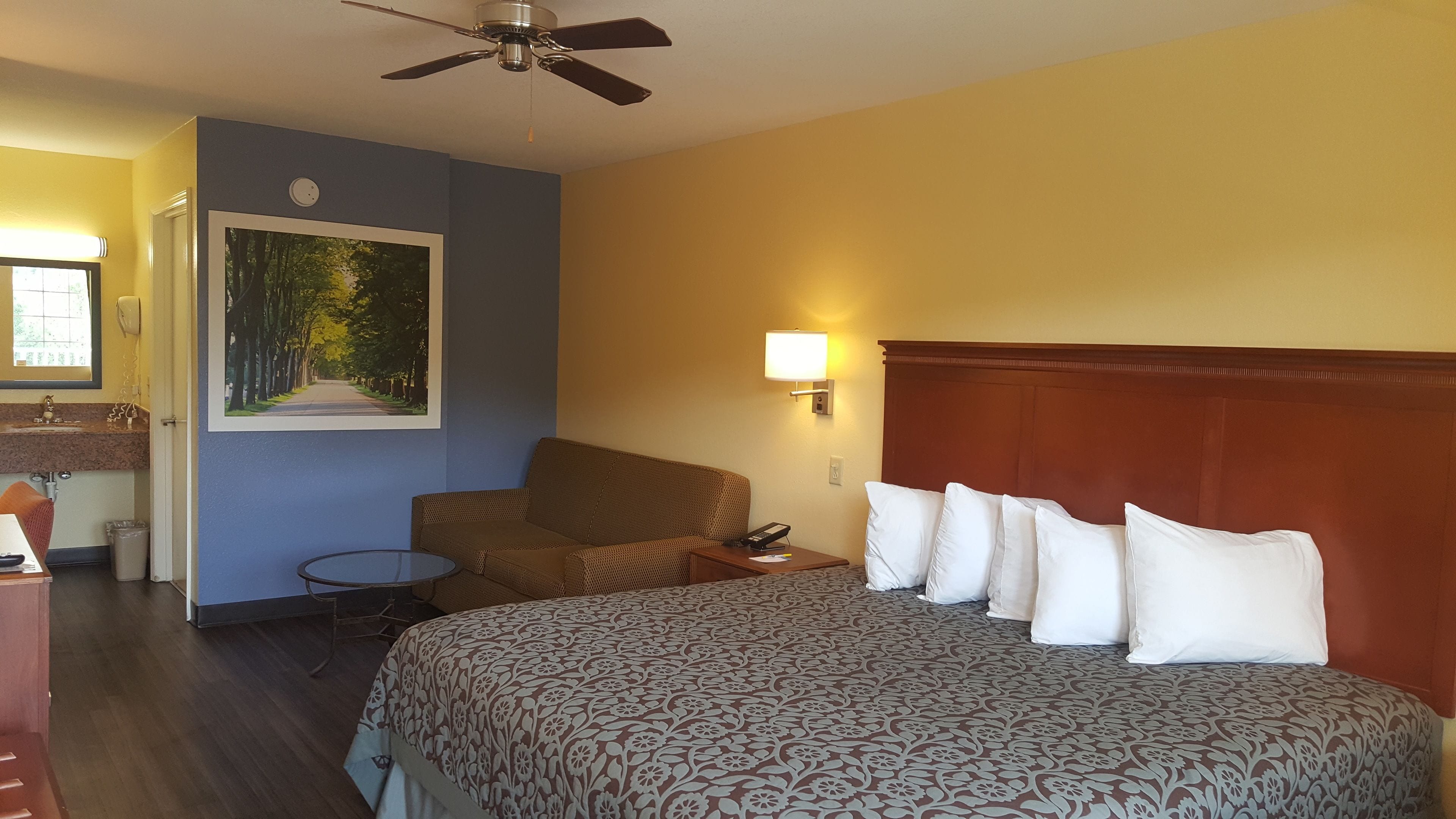 Habitación de hotel con una cama, una silla, una mesita de noche, una lámpara, un ventilador de techo y un cuadro en la pared.