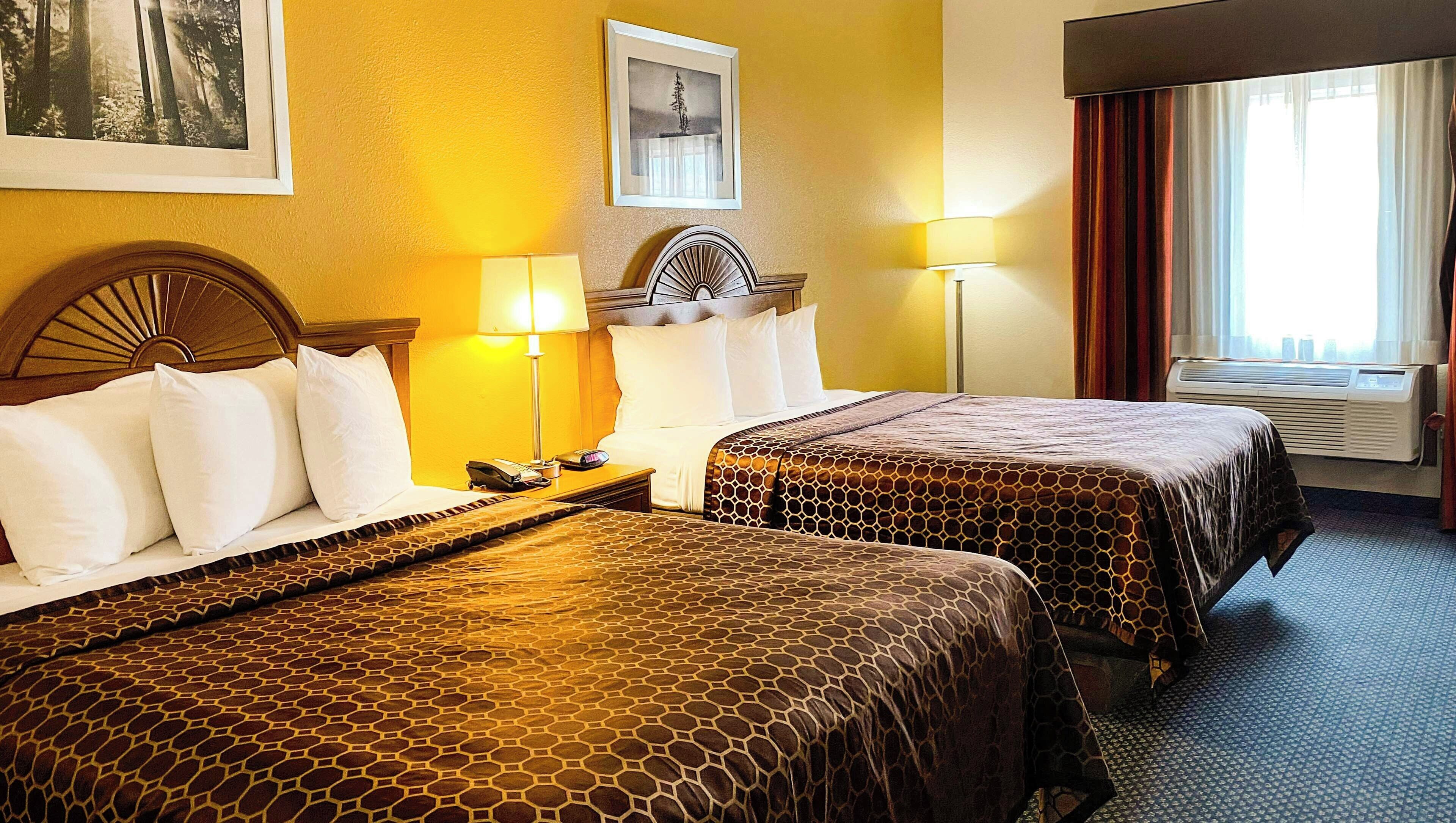 A hotel room with two beds, a headboard, a nightstand, a lamp, a framed picture on the wall, and an air conditioning unit.