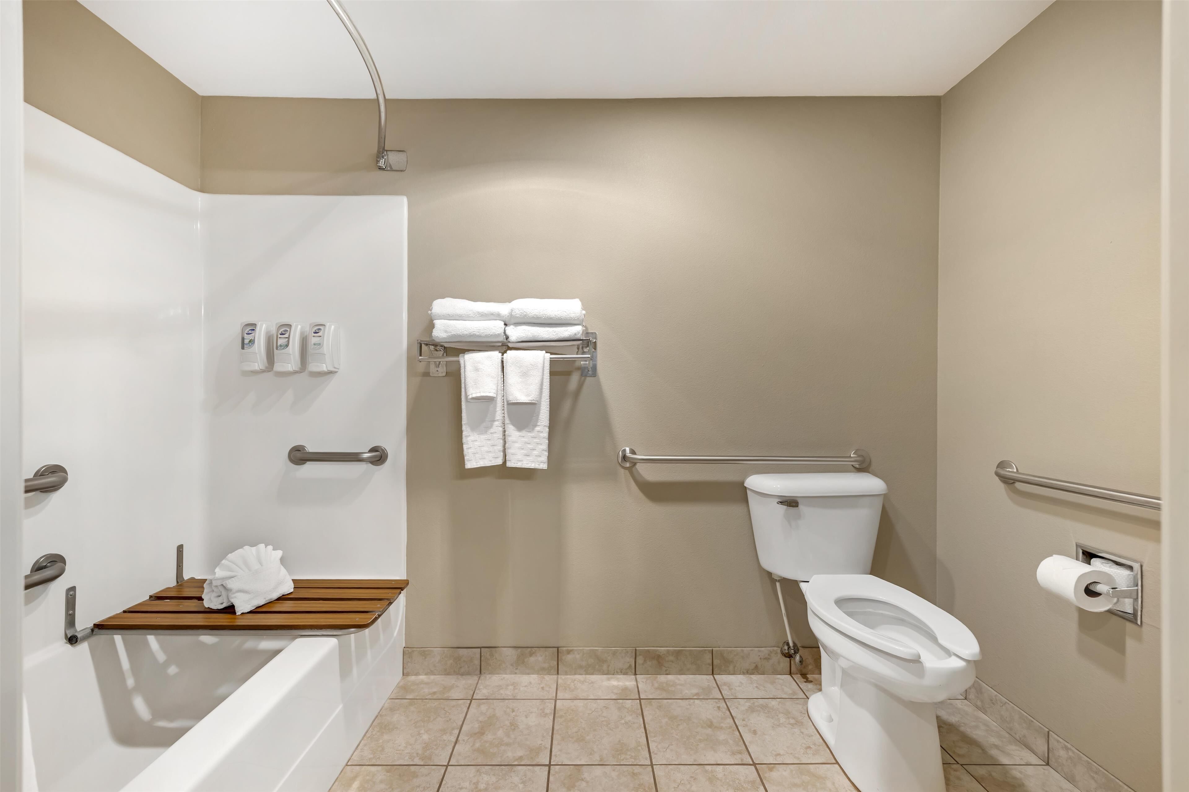 A bathroom with a bathtub, toilet, and shower. There are hand soap dispensers, a towel rack, and a handrail.