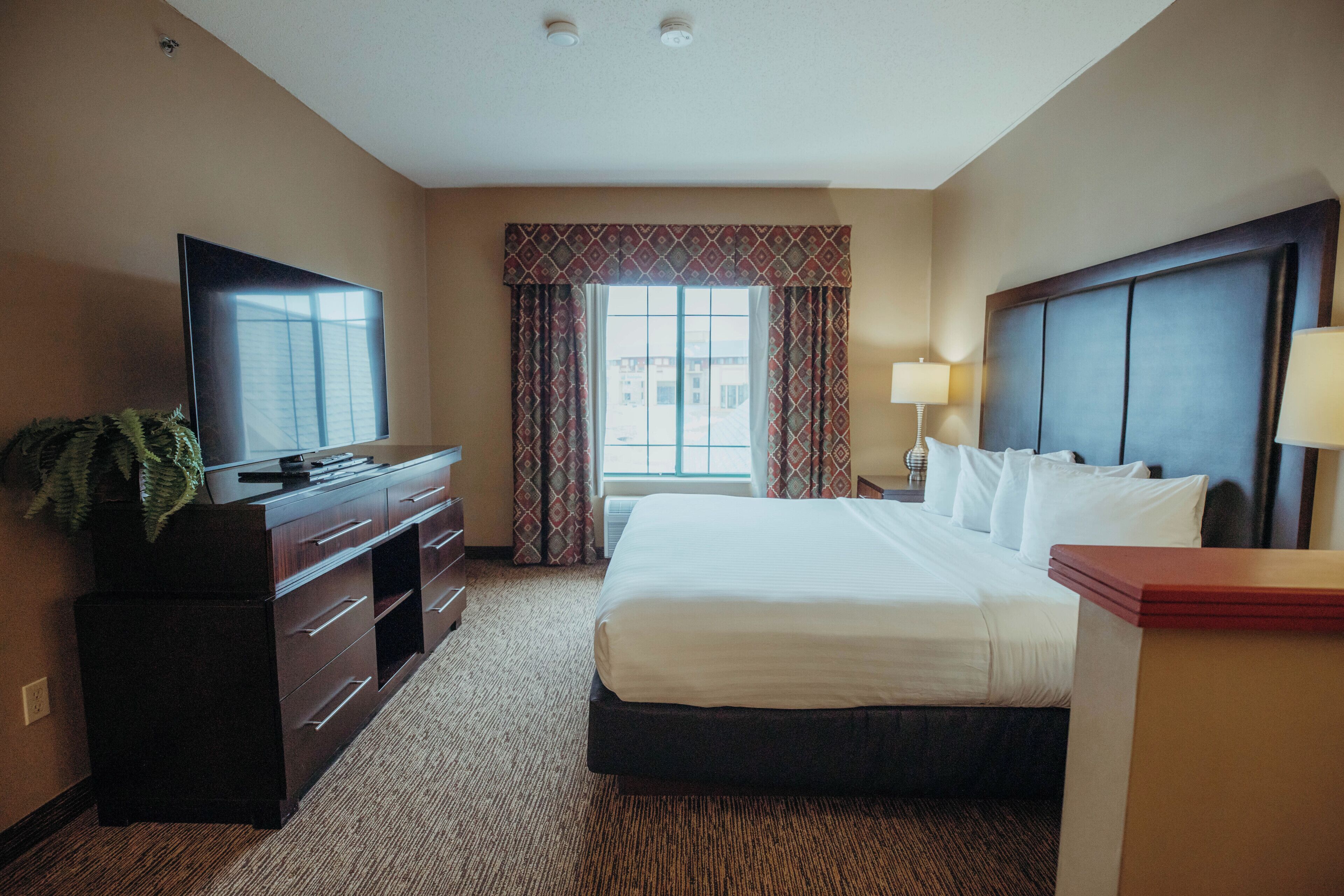 A hotel room with a large bed, a flat-screen TV on a dresser, a window with curtains, and a lamp on the nightstand.