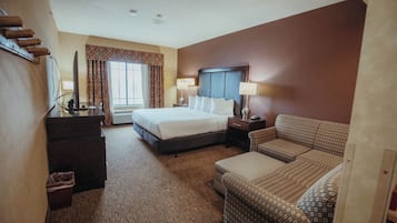 Desk, laptop workspace, blackout drapes, iron/ironing board