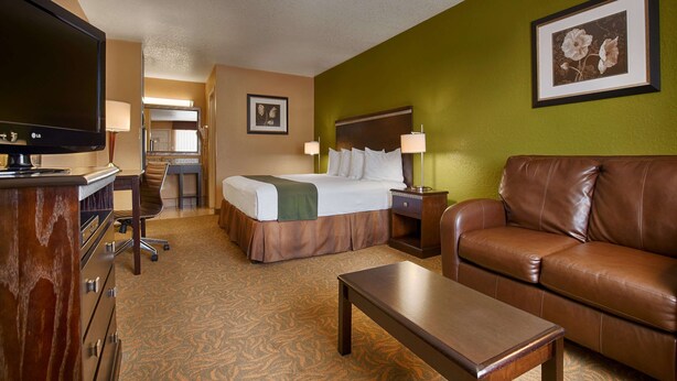 Una habitación de hotel con una cama, un sofá de cuero, un televisor, un escritorio y una silla.