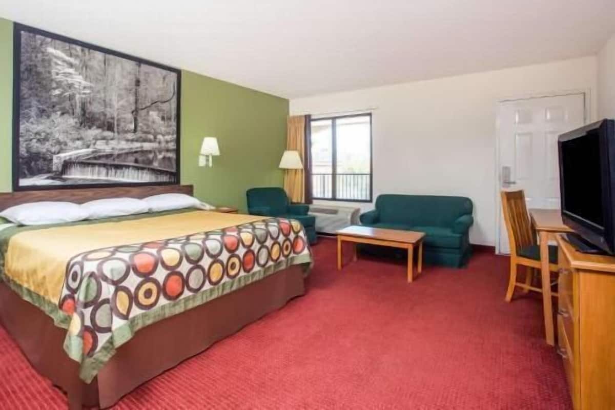 Ein Hotelzimmer mit einem Bett, einem grünen Sofa, einem Schreibtisch mit Fernseher und einem Bild an der Wand.