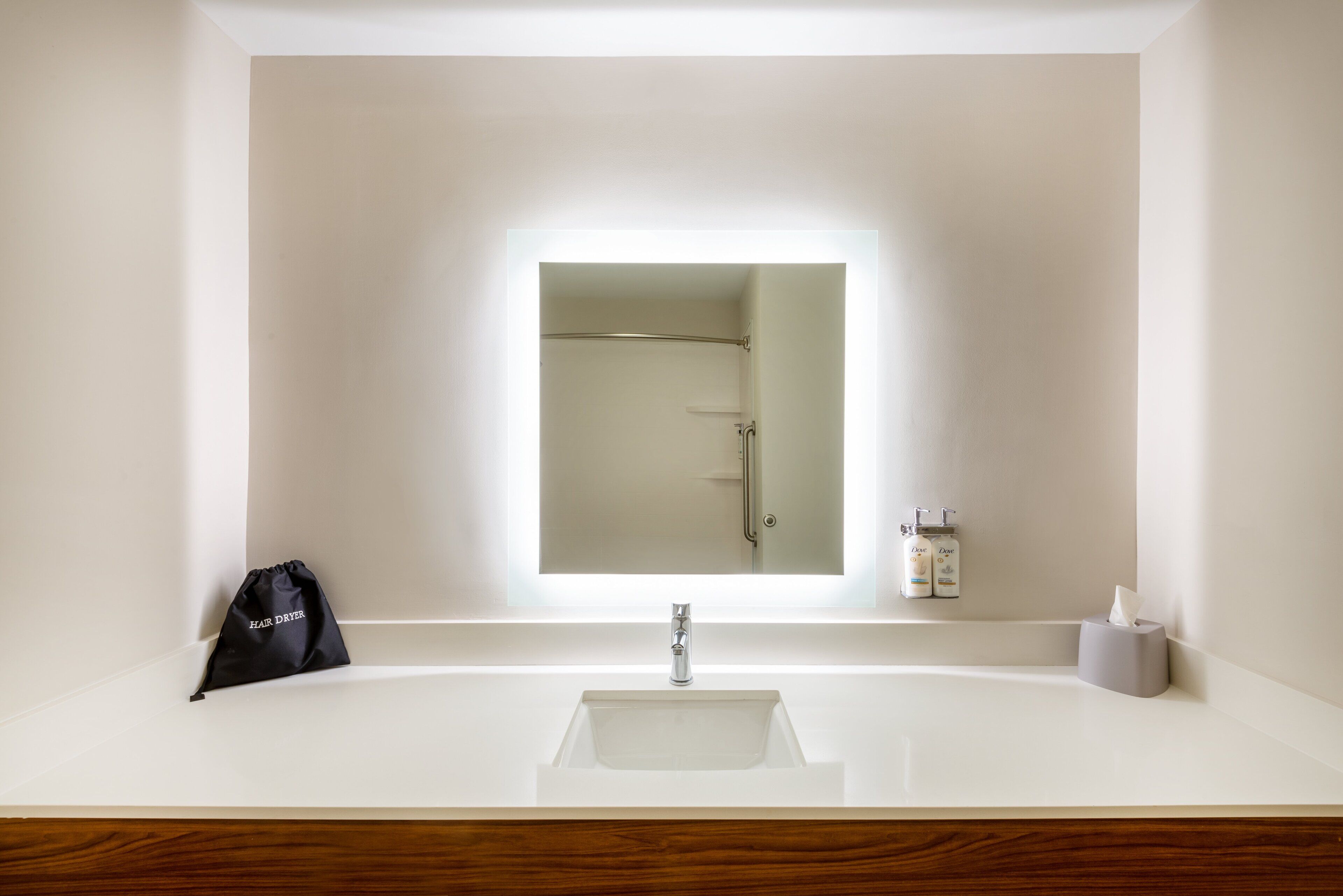 hair dryer, towels, soap, shampoo