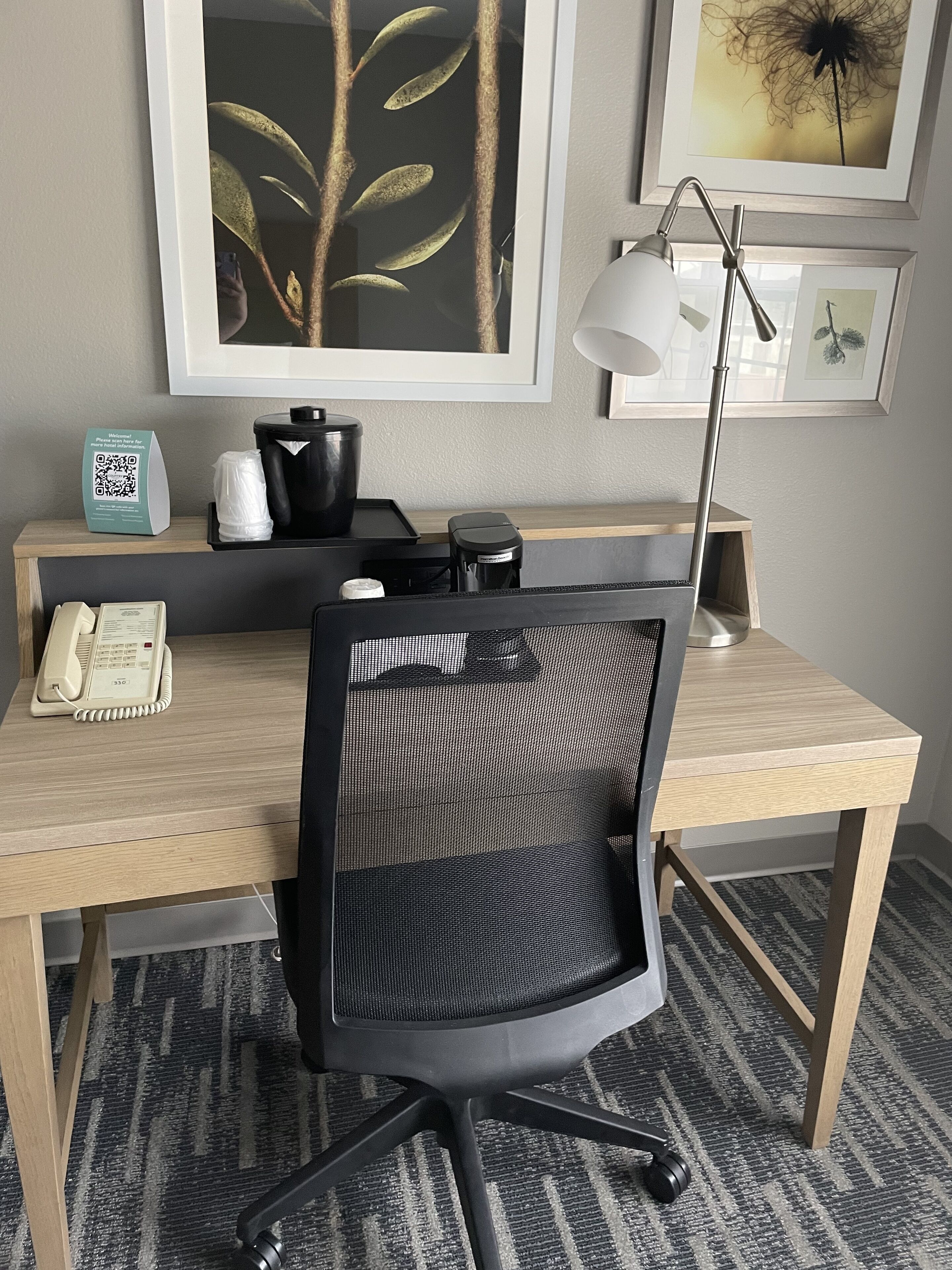 1 bedroom, desk, laptop workspace, blackout curtains