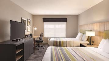 Desk, laptop workspace, blackout drapes, iron/ironing board