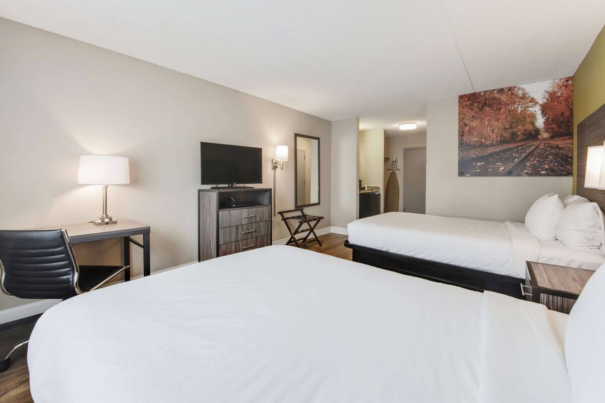 Habitación de hotel con una cama grande, un escritorio con silla, un televisor y un cuadro en la pared.
