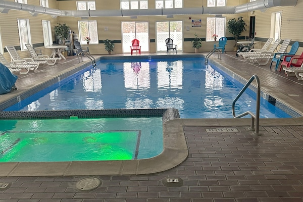 Indoor pool, open 9:00 AM to 9:00 PM, sun loungers