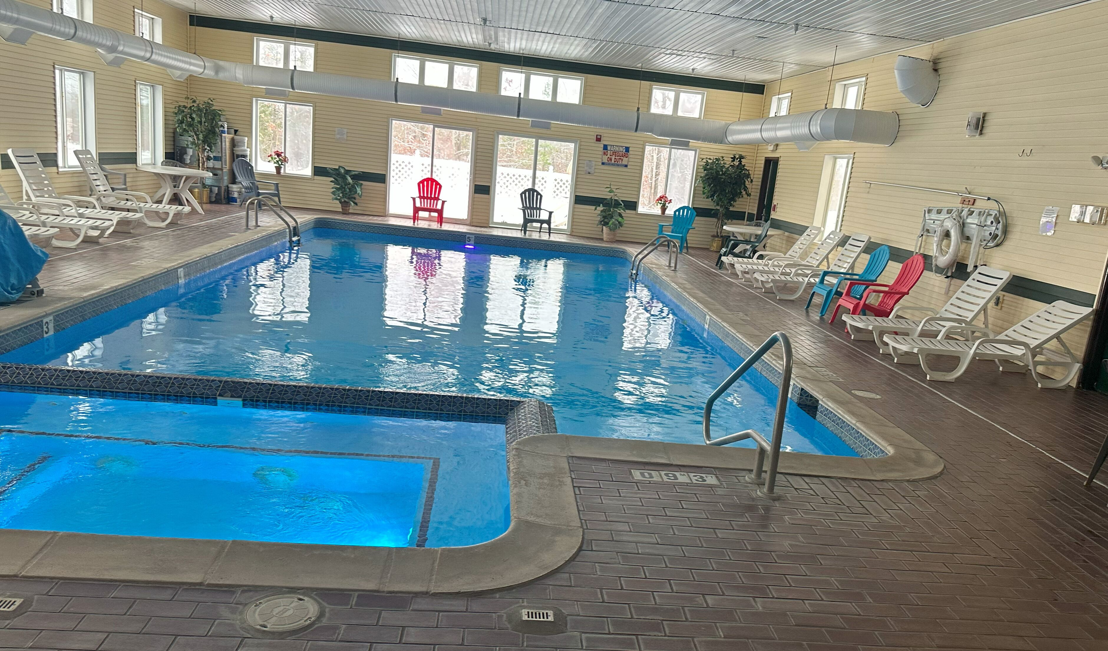 Piscina interior con agua cristalina, rodeada de sillones de descanso y plantas en macetas.
